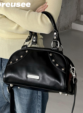 木与石包包手提包女大容量小众设计黑色保龄球波士顿包单肩斜挎包