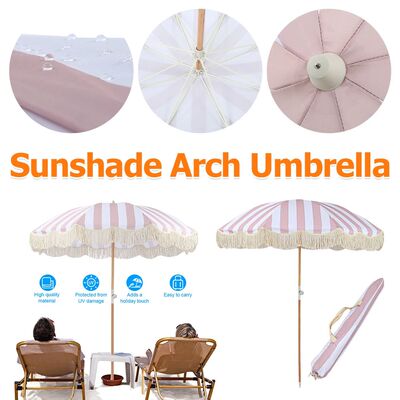 Striped Beach Umbrella with Tilt Pole Portable Tassel Patio