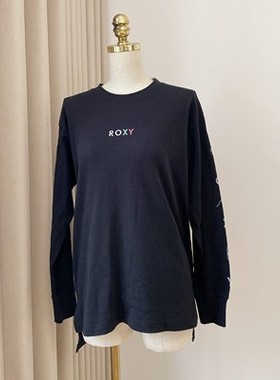 ROXY新款春夏秋日单滑板潮牌黑色纯棉LOGO刺绣印花宽松长袖T恤女