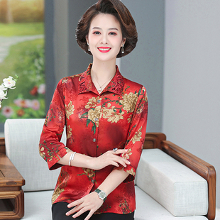春夏新款中老年女装七分袖衬衫香云纱仿真丝老太太上衣婚宴妈妈装