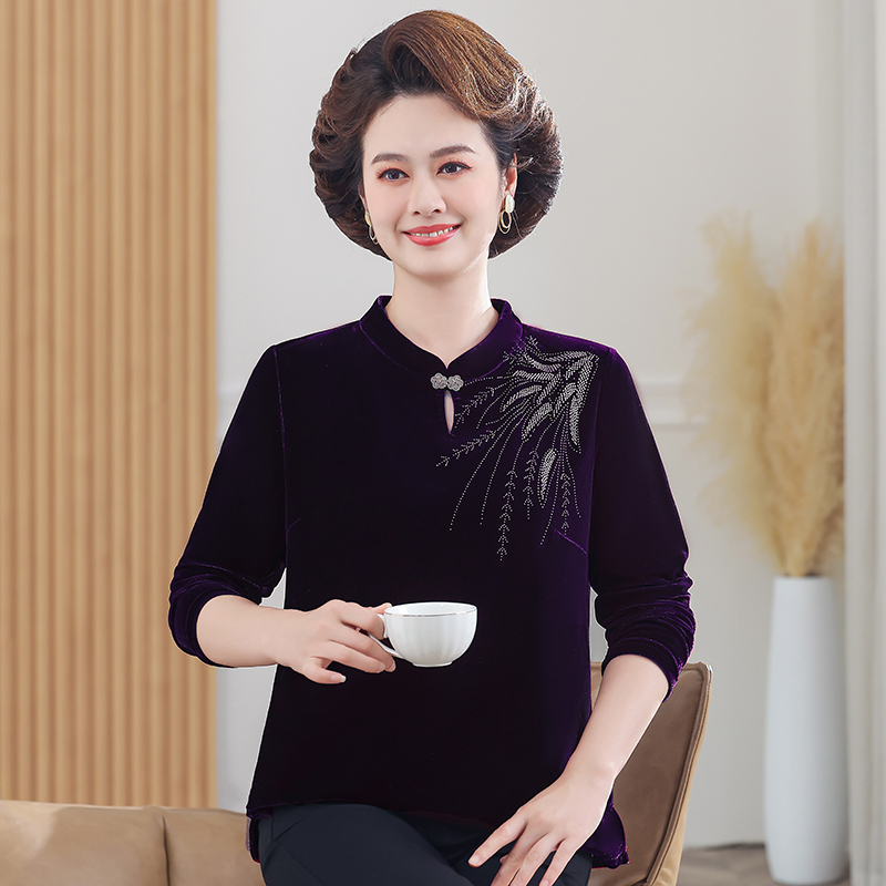 春秋新款长袖中老年女金丝绒上衣国风喜婆婆奶奶装中式妈妈装小衫