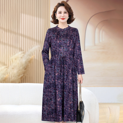 秋季新款大码中老年连衣裙女时尚喜妈妈婚宴礼服长袖奶奶装中长裙