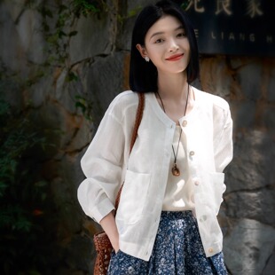 慵懒随性舒适凉感亚麻马氏贝扣圆领短外套空调衫女