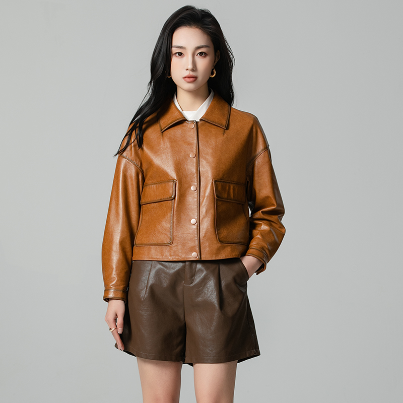 2025春秋新款进口头层绵羊皮女短款方领夹克宽松休闲真皮皮衣外套
