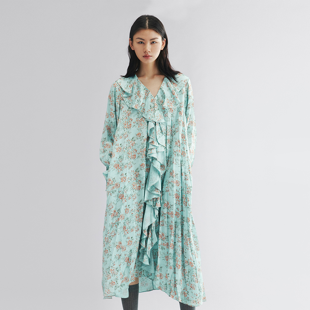 乌丫油画小碎花压褶连衣裙