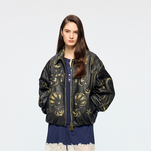 「奇幻海底」贴布绣擦色皮夹克 新款 UOOYAA 乌丫2026春季