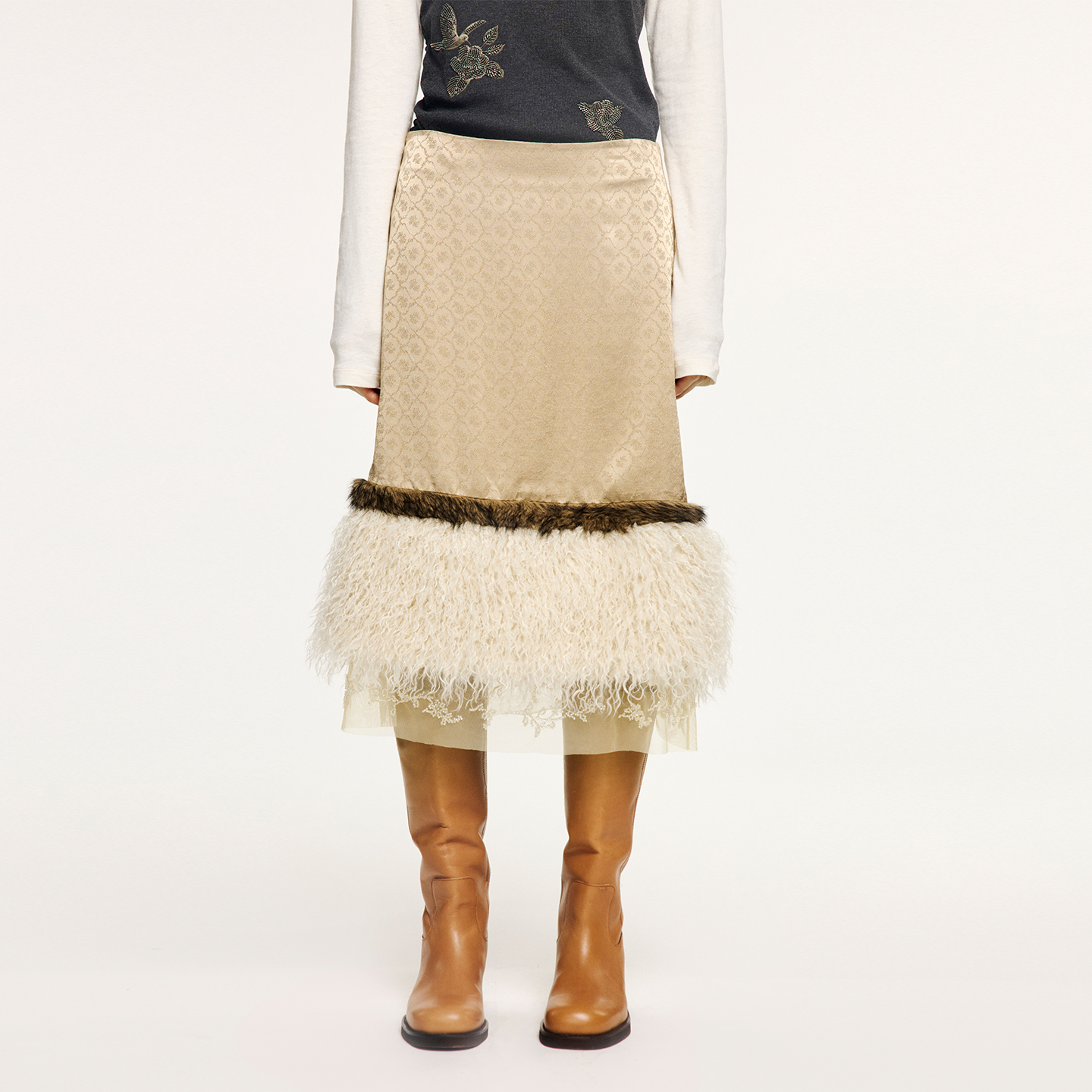 乌丫毛绒下摆提花半裙