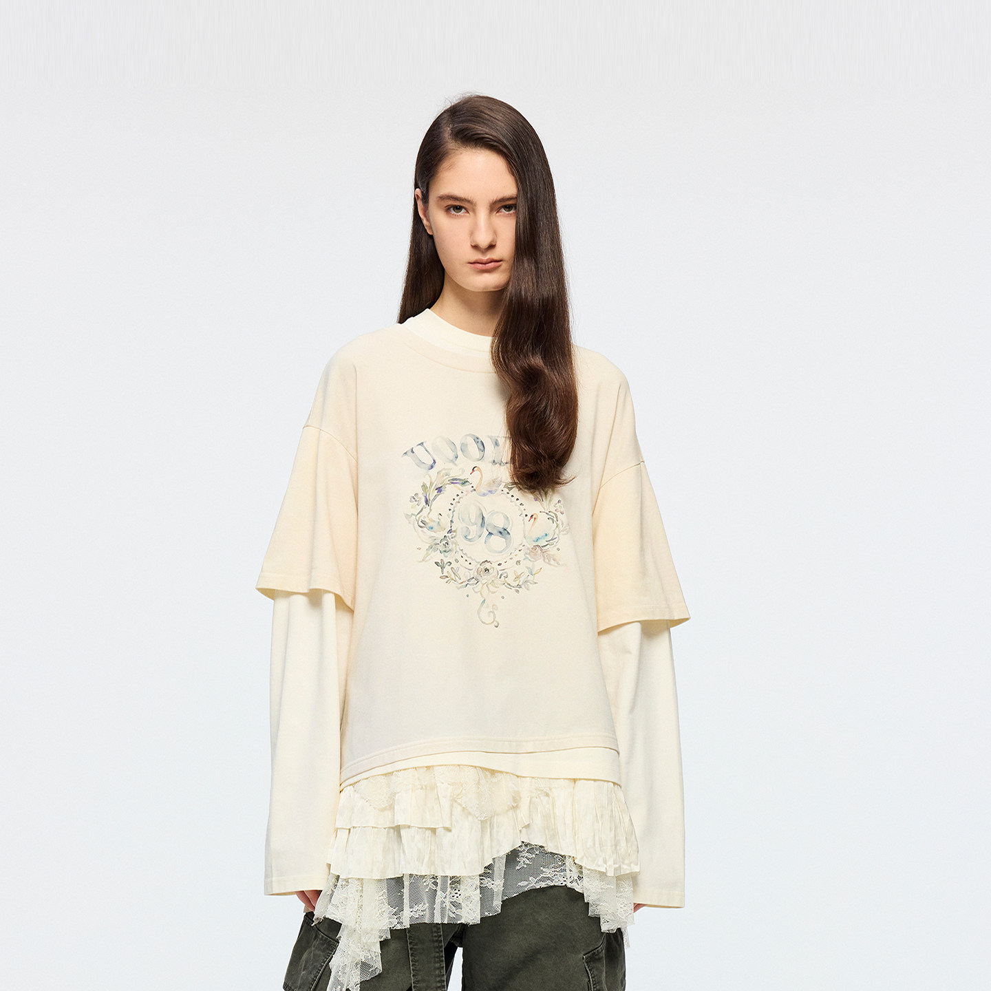 UOOYAA/乌丫2026春季新款「魔法花园」蕾丝蛋糕裙拼接假两件T恤,女装/女士精品,T恤,淘宝优惠券,粉丝福利购,淘宝优惠卷