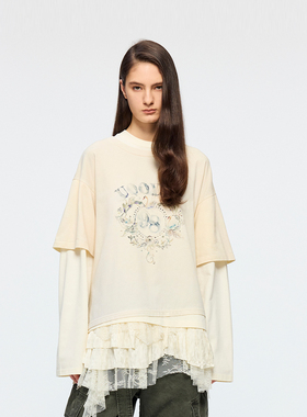 UOOYAA/乌丫2026春季新款「魔法花园」蕾丝蛋糕裙拼接假两件T恤