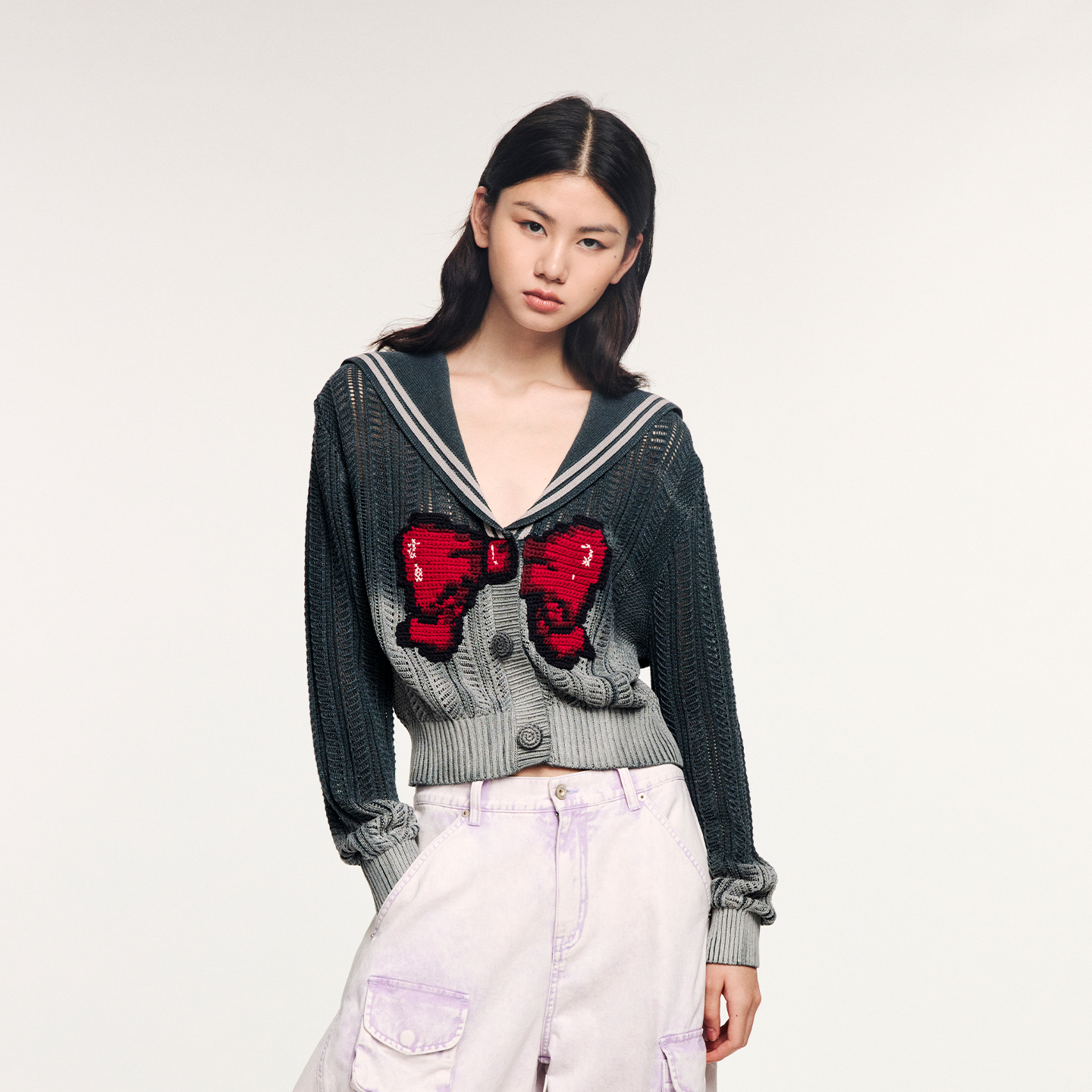 UOOYAA/乌丫蝴蝶结海军领毛开衫