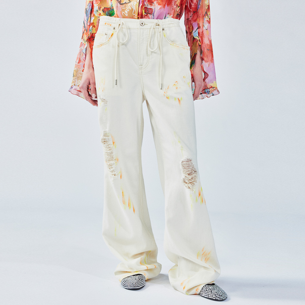 乌丫中低腰擦色直筒牛仔裤