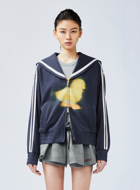 UOOYAA/乌丫2025春季新款“I”鸭水洗印花海军领卫衣