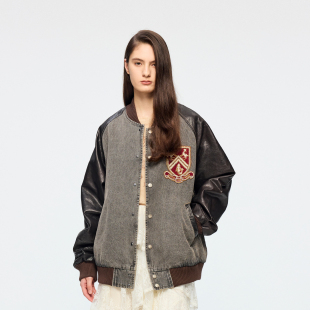 「奇幻海底」徽章皮革拼接棒球外套 新款 UOOYAA 乌丫2026春季