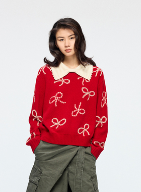 UOOYAA/乌丫2026春季新款「奇幻嘉年华」钉珠刺绣蝴蝶结套头毛衫