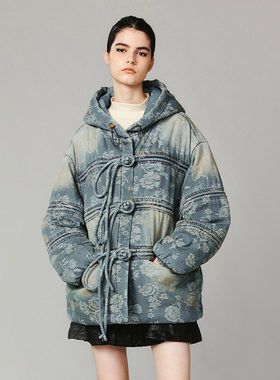 UOOYAA/乌丫趣味盘扣牛仔提花面包棉服