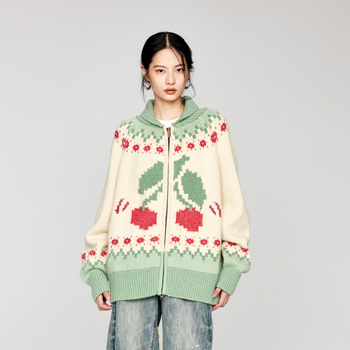 UOOYAA乌丫樱桃嵌花费尔岛毛开衫