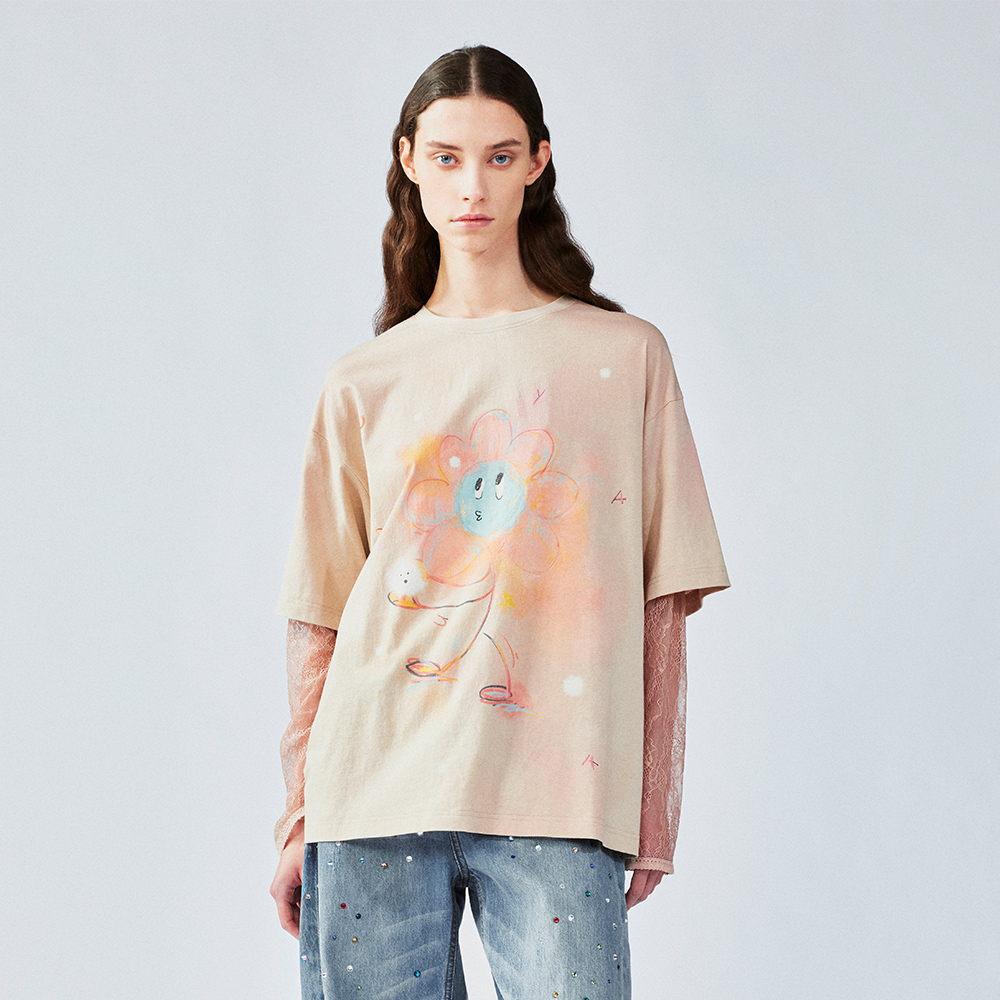 吹蒲公英的花朵蕾丝假两件T恤