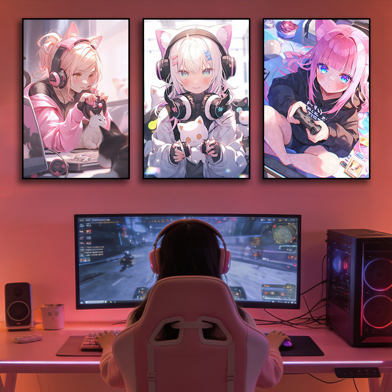 赛博朋克霓虹灯挂画电竞房卧室装饰画二次元主机游戏室发光墙画
