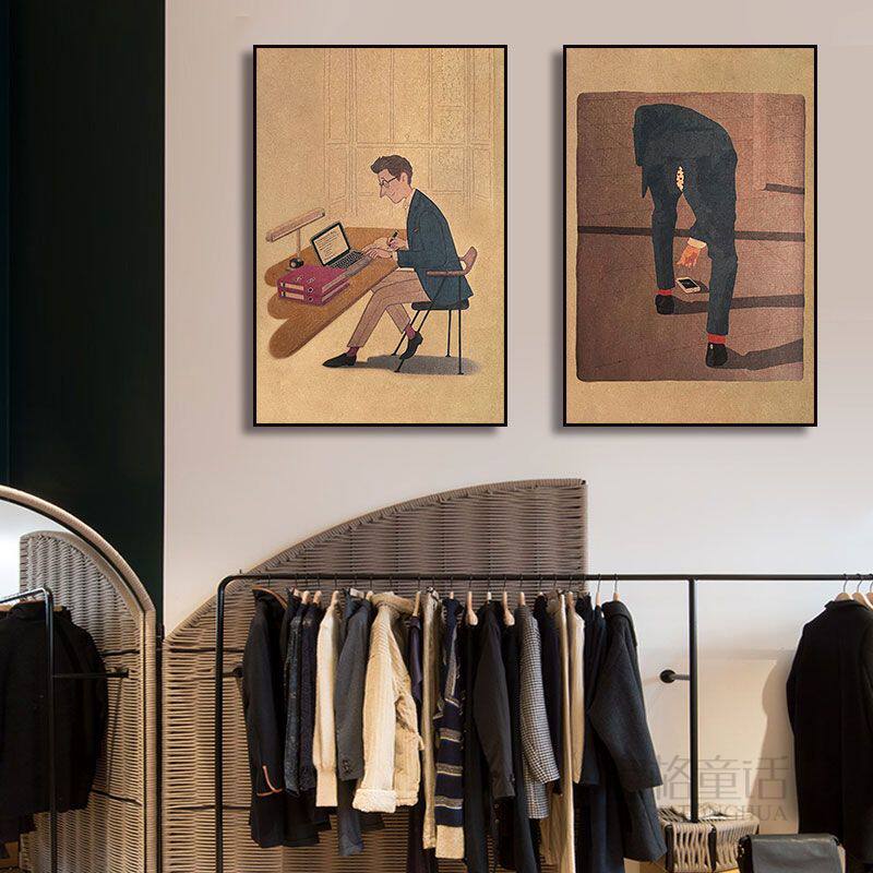 复古西装店男士服装店挂画礼服私人定制裁缝店手绘样板图装饰画