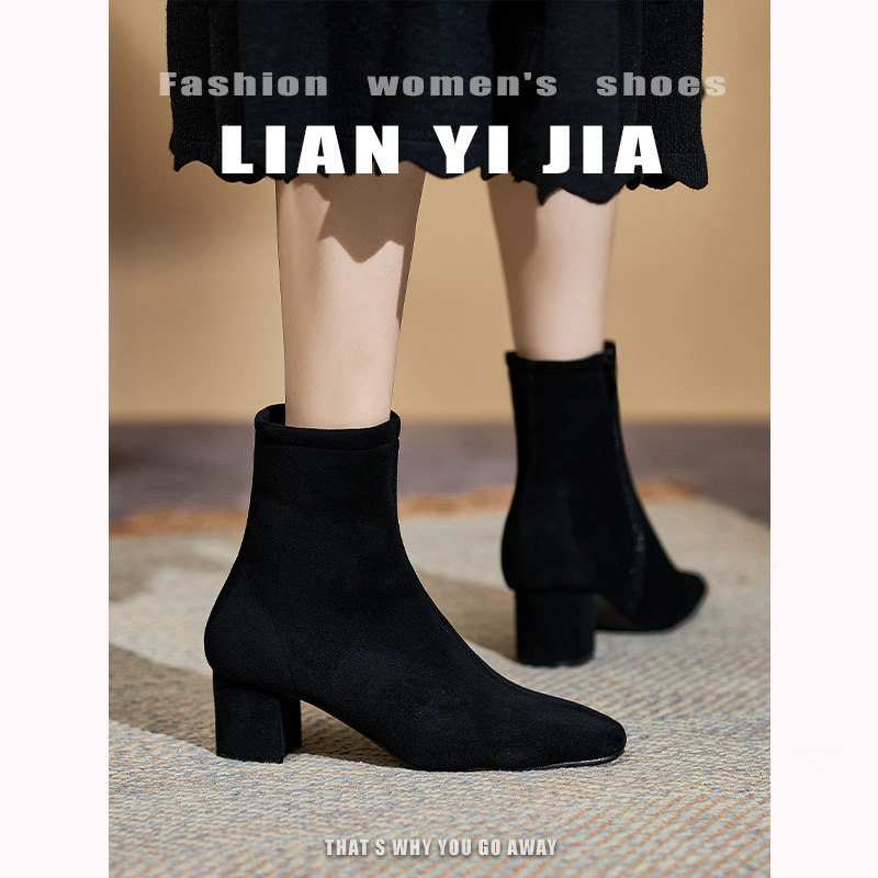 大码高跟鞋女新款秋冬短靴41一43脚胖脚宽粗跟瘦瘦靴通勤时装单靴
