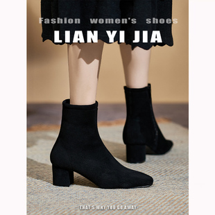 大码高跟鞋女新款秋冬短靴41一43脚胖脚宽粗跟瘦瘦靴通勤时装单靴