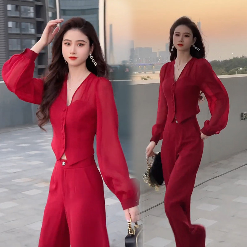 网红小众时尚套装女夏季款洋气拼接网纱上衣休闲显瘦阔腿裤两件套