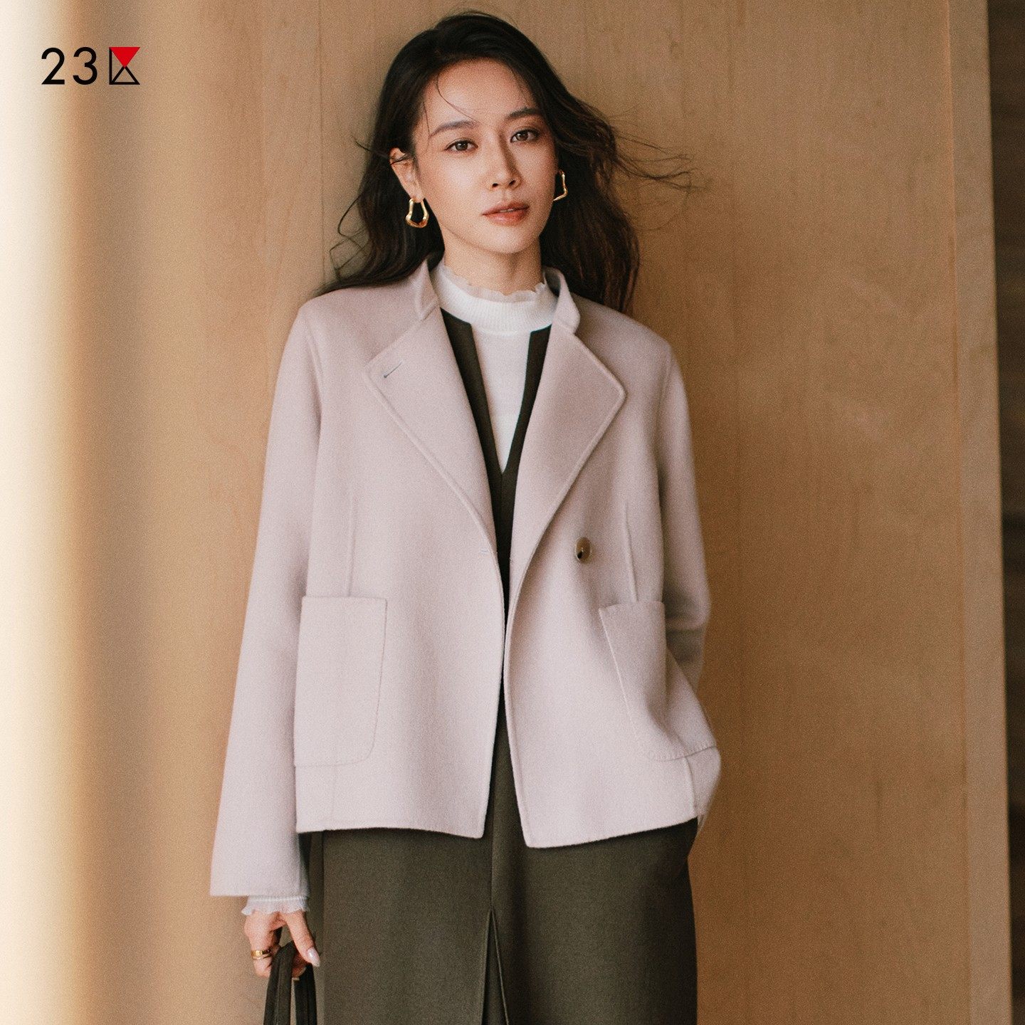 23区日系春季通勤宽松羊毛羊绒混纺立领毛呢外套休闲上衣商场同款