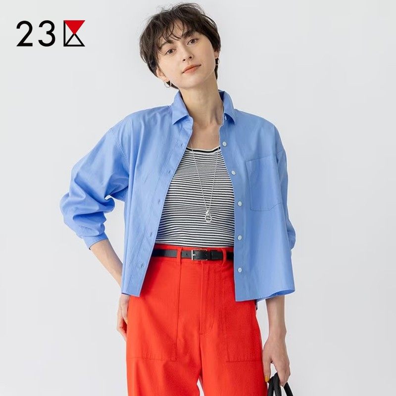 23区日系夏季通勤职业宽松版纯棉小方领长袖衬衣休闲衬衫商场同款