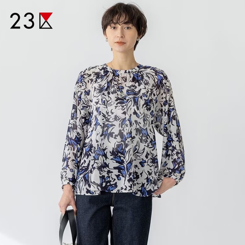 通勤印花小方领长袖衬衣商场同款