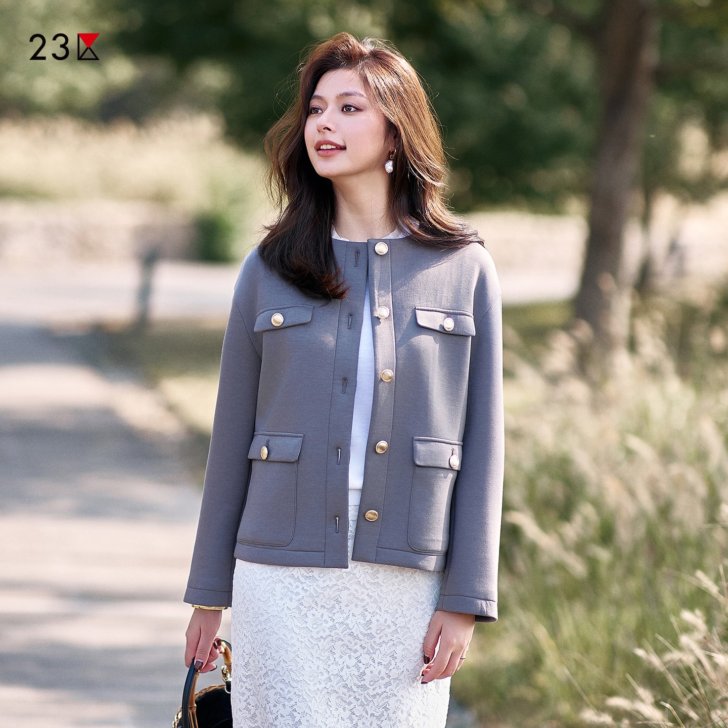 宽松混纺圆领小香风外套商场同款