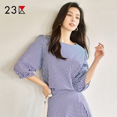 棉混纺圆领套头格子衬衣商场同款