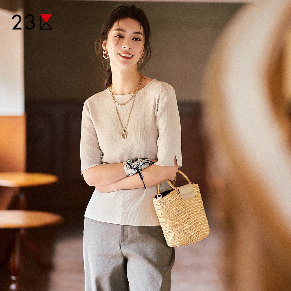 修身混纺圆领中袖针织衫商场同款