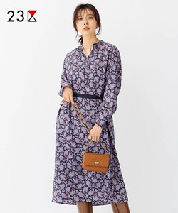 23区日系秋季通勤轻奢法式印花长袖连衣裙小V领连身裙商场同款
