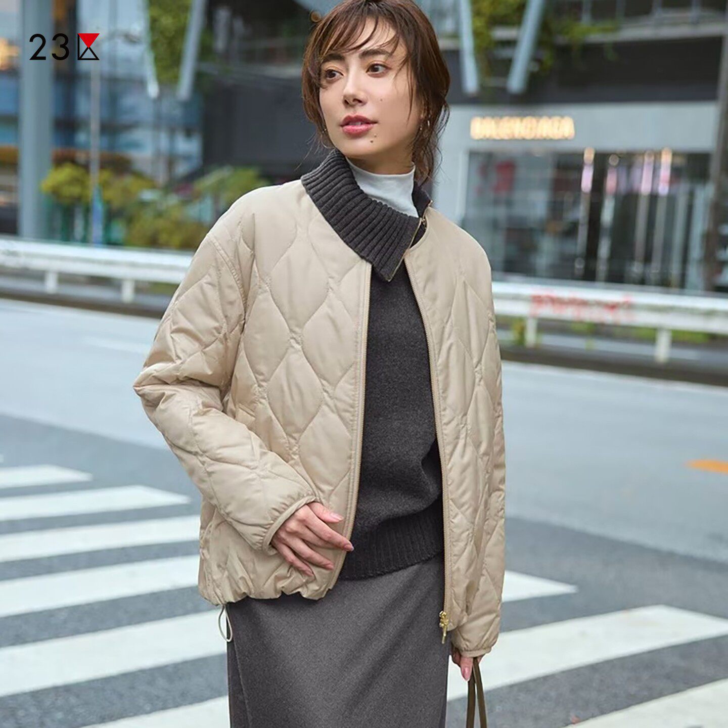 23区日系春季通勤宽松版圆领薄款棉衣菱形格夹棉外套夹克商场同款