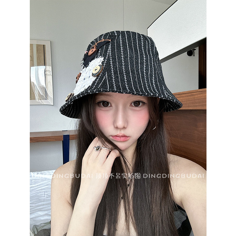 【复古条纹贴布渔夫帽】女秋冬百搭显脸小水桶帽小众素颜遮脸盆帽