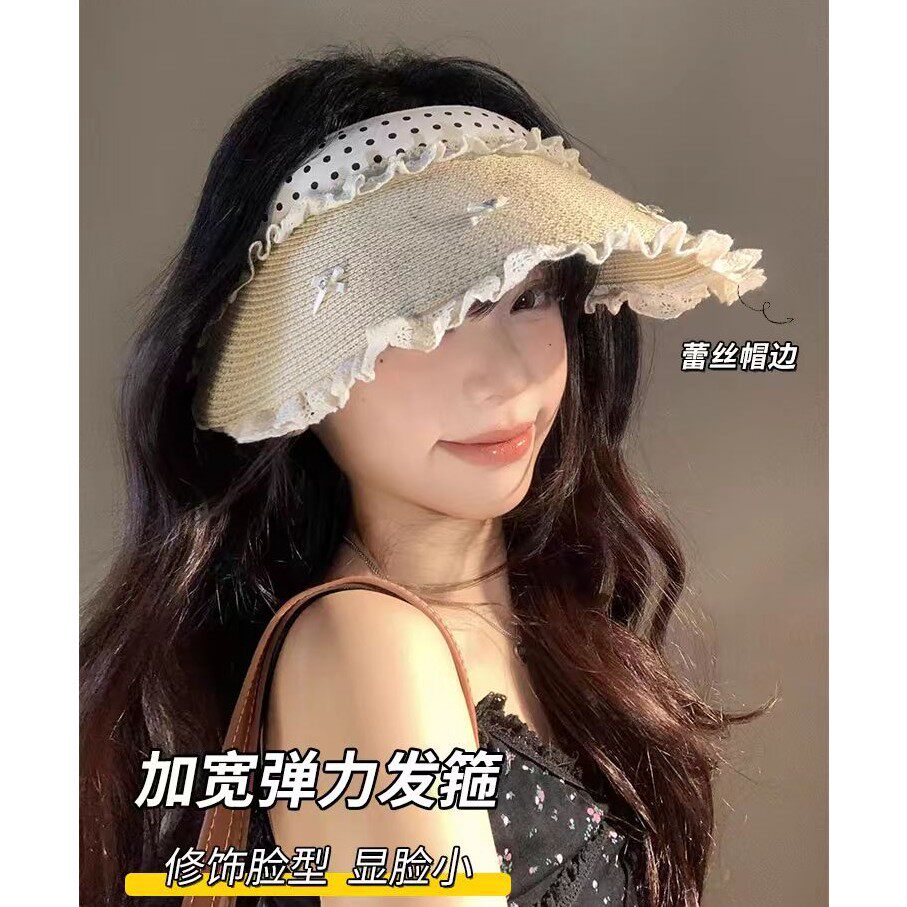 蕾丝花边蝴蝶结草编空顶帽女夏季大帽檐遮阳防晒帽海边太阳帽子潮