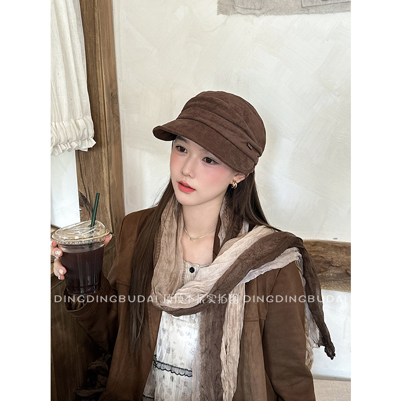 【韩系咖啡色褶皱贝雷帽】女秋复古麂皮绒纯色报童帽英伦风画家帽