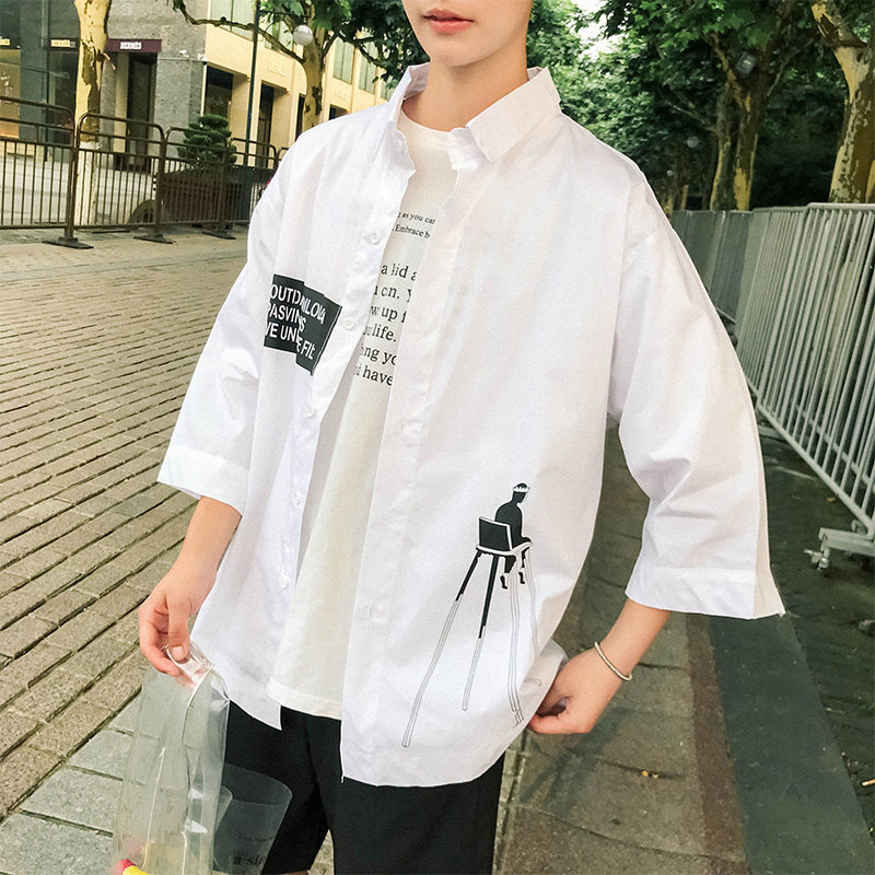 网红ins潮牌白衬衫男夏季印花七分袖衬衣宽松百搭ins短袖寸衣外套