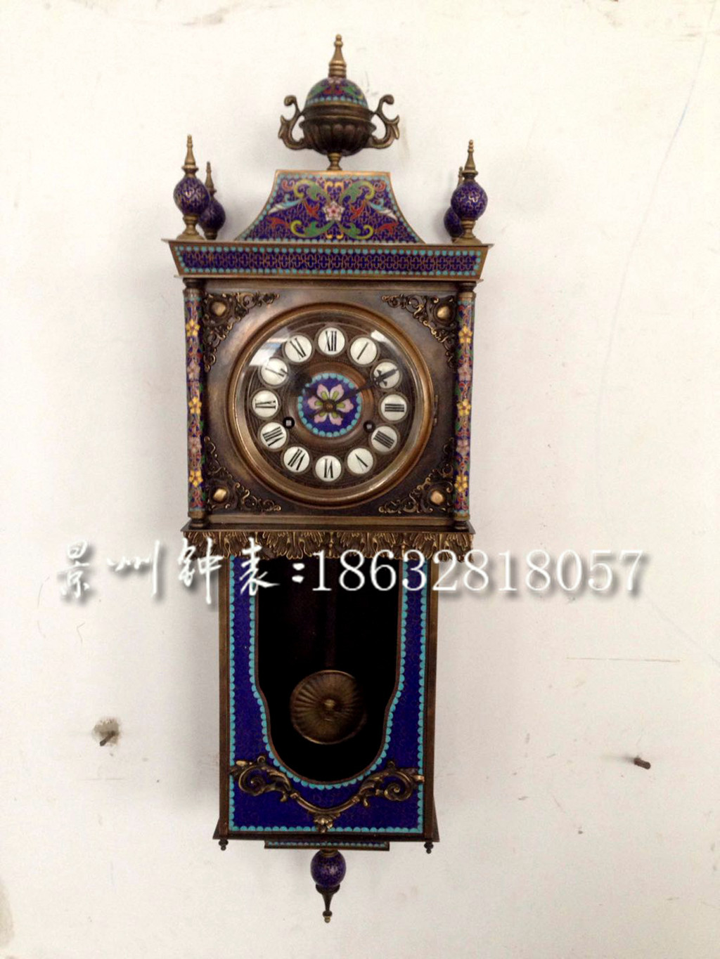 挂钟 纯铜机械报时壁挂钟 景泰蓝珐琅 吊钟 欧式仿古做旧 仿古董