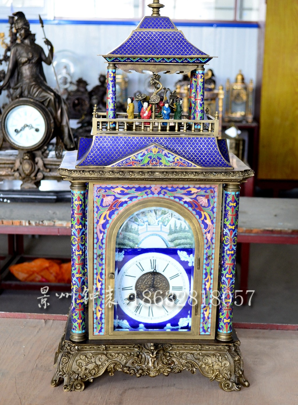 景泰蓝钟表 机械纯铜转八仙 发条上弦座钟 老式八仙过海 仿古董