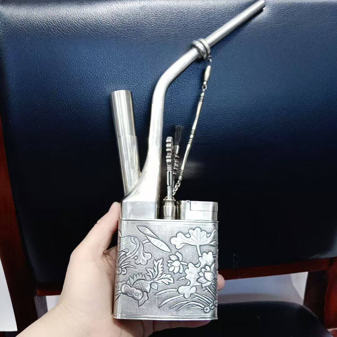 纯铜水烟壶男士传统白铜旱烟袋锅过滤烟嘴老式高档精美水烟筒烟斗