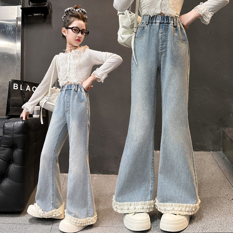 女童喇叭裤2025春秋新款大童洋气修身牛仔裤女孩春装弹力外穿长裤