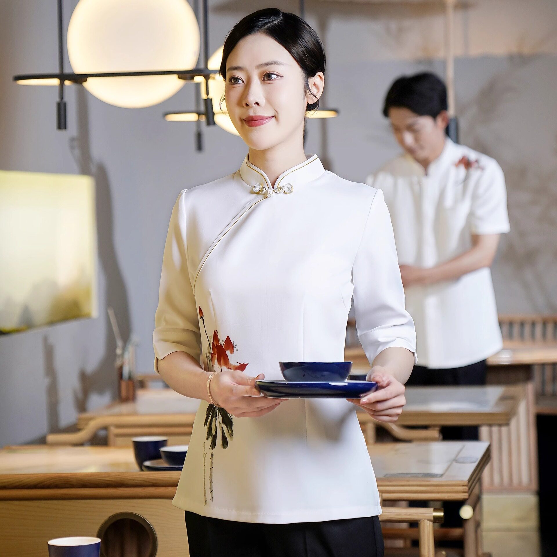 高档餐饮会所工作服女半袖中式酒店火锅饭店茶餐厅私房菜服务员夏