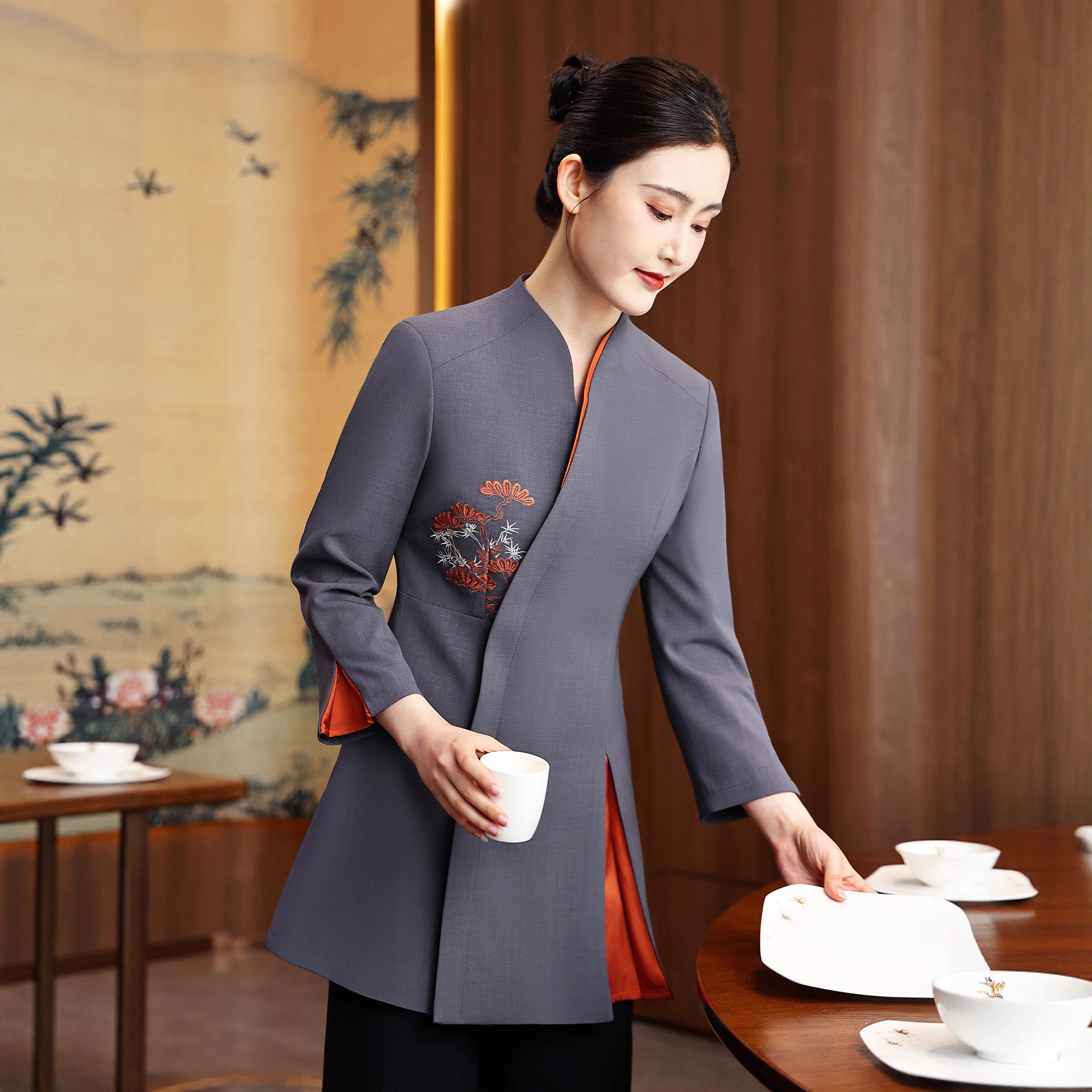 新中式酒店服务员工作服秋冬装优酒店工作制服
