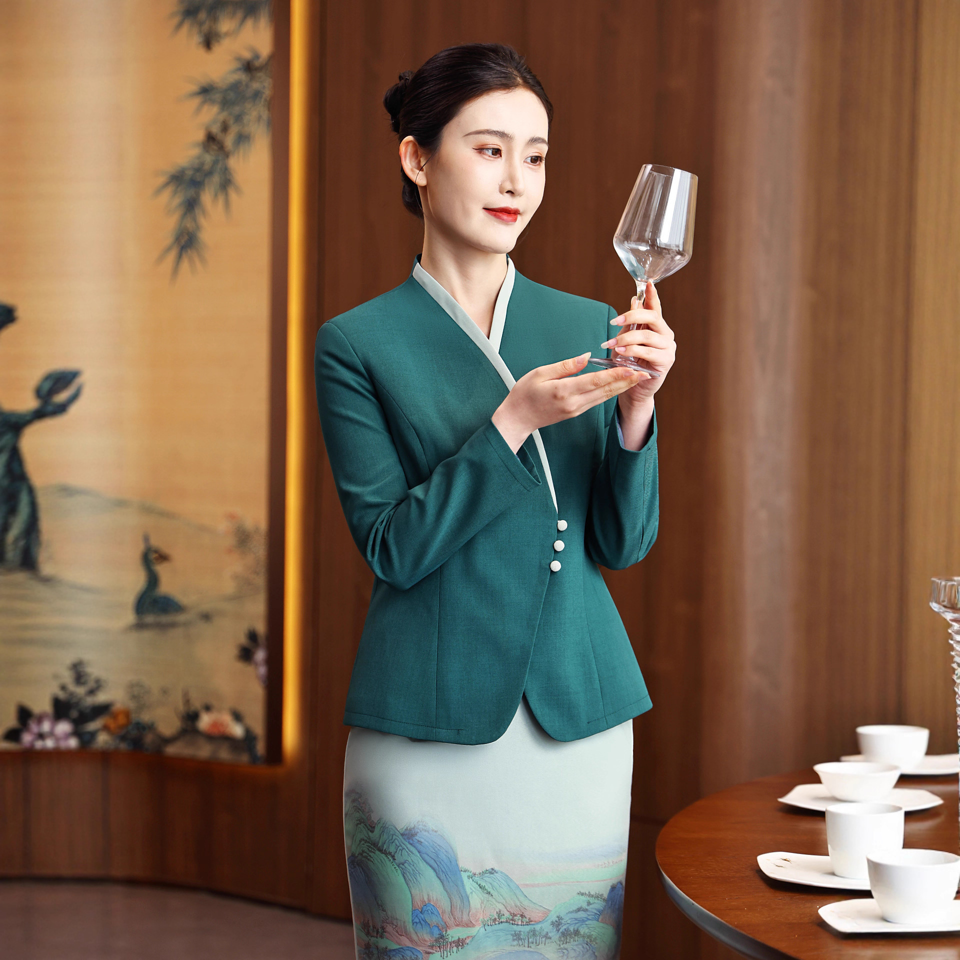 中式酒店工作服女餐厅饭店服务员长袖套装茶楼前台衣研堂秋冬工装