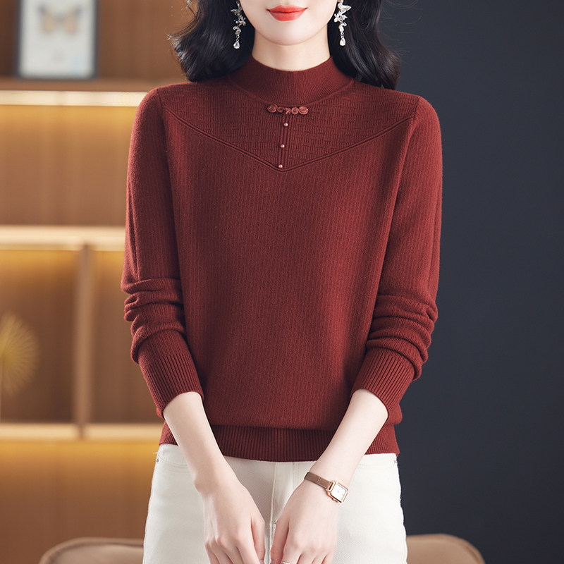 贵夫人加绒加厚打底衫女秋冬一体绒中式毛衣2026新款妈妈内搭上衣