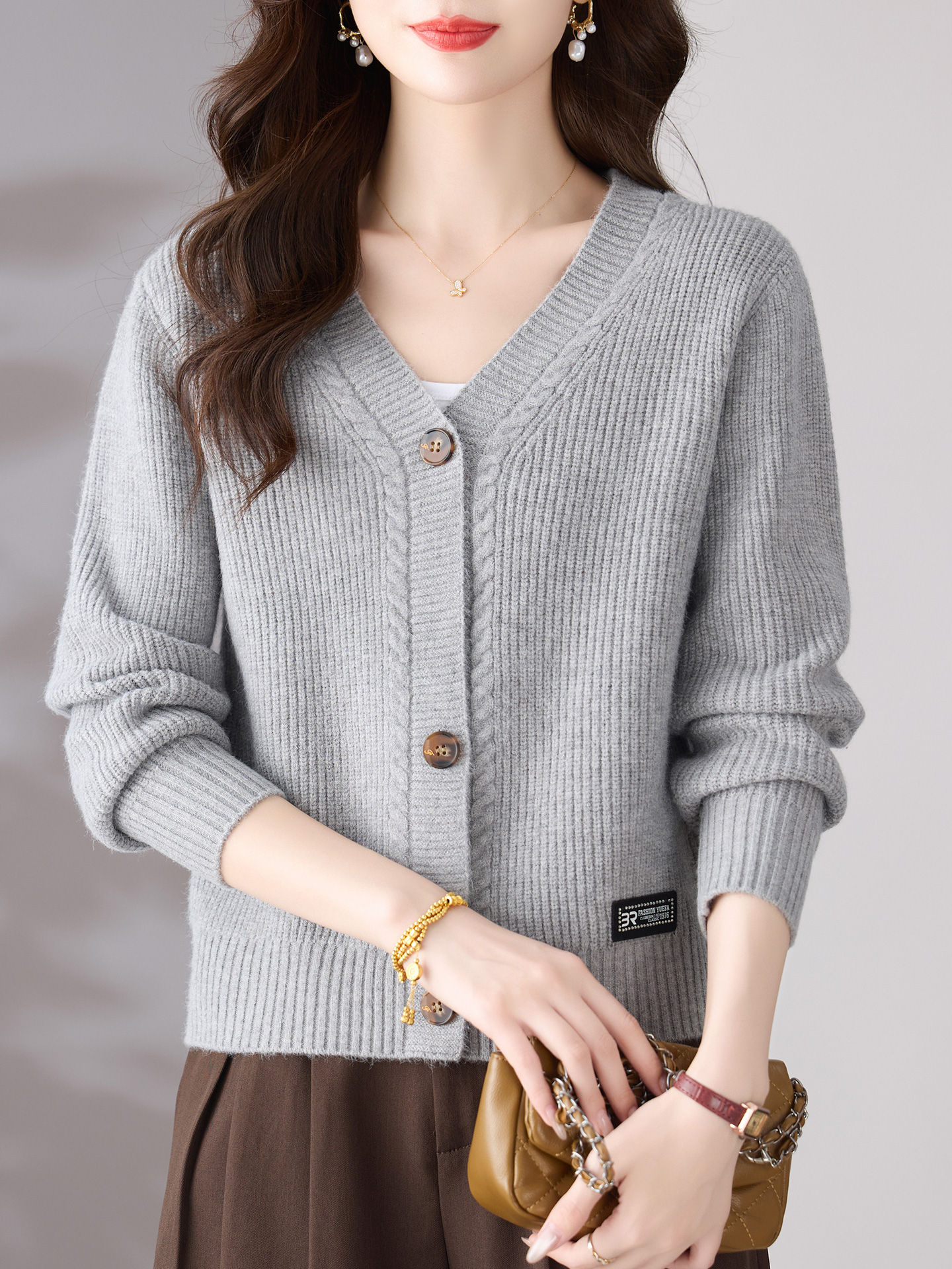 JOYIASS小个子高腰短款长袖针织开衫女秋装2025新款旗袍外搭V领毛