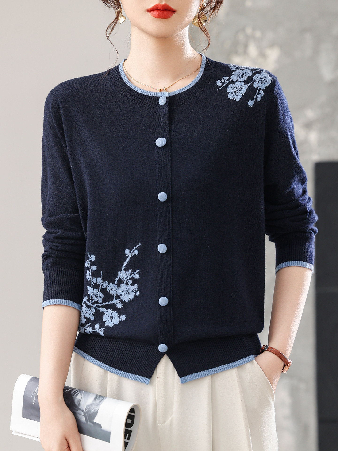 中式国风提花针织衫假开衫女秋装2025新款设计感小众上衣洋气毛衣