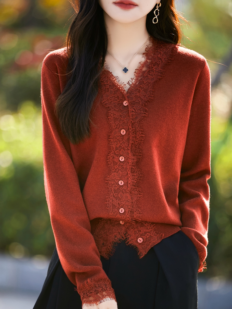 V领蕾丝花边红色针织开衫女秋装2025年新款洋气妈妈上衣毛衣外套