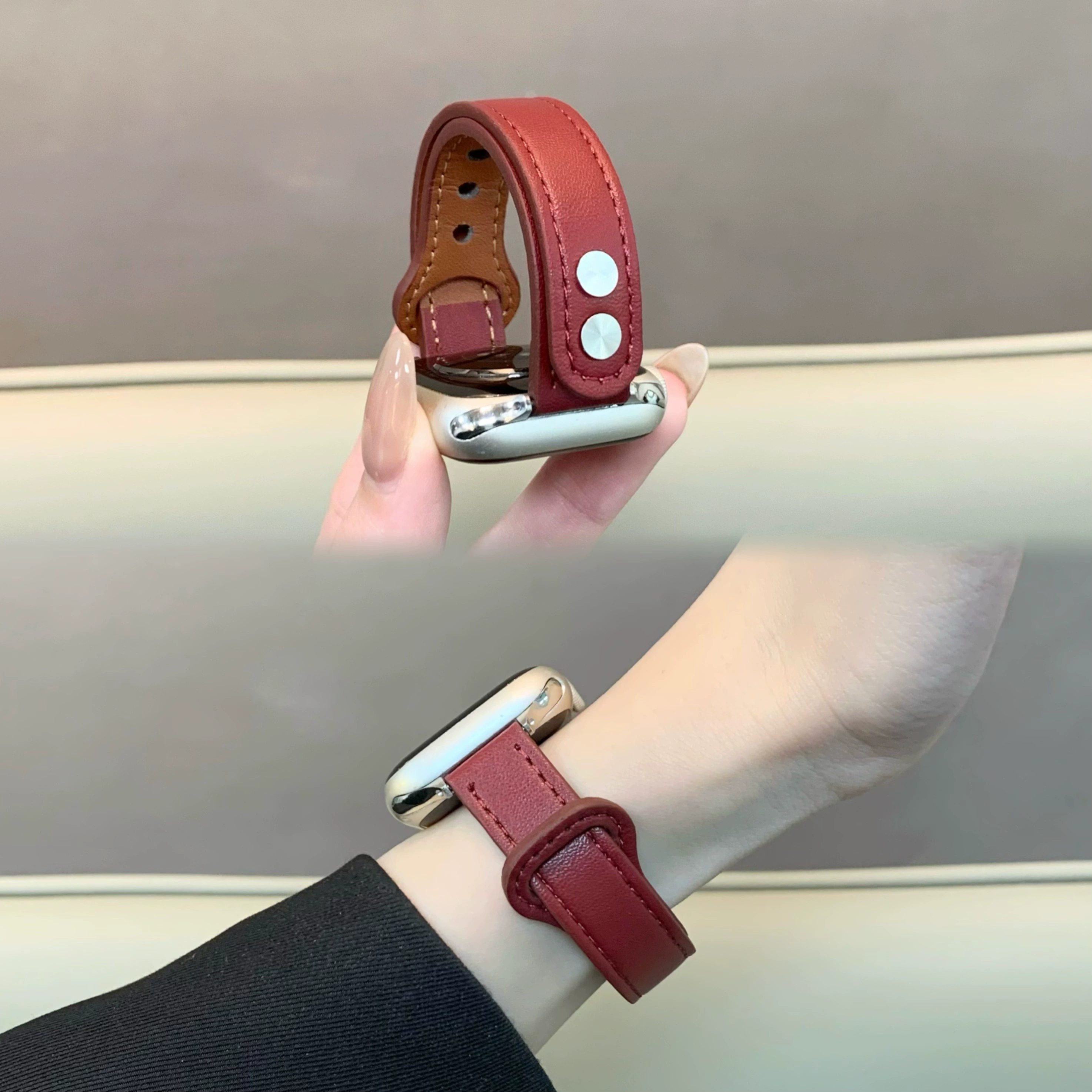 适用于苹果手表iwatch10表带舒适细款小蛮腰双钉皮质applewatch98